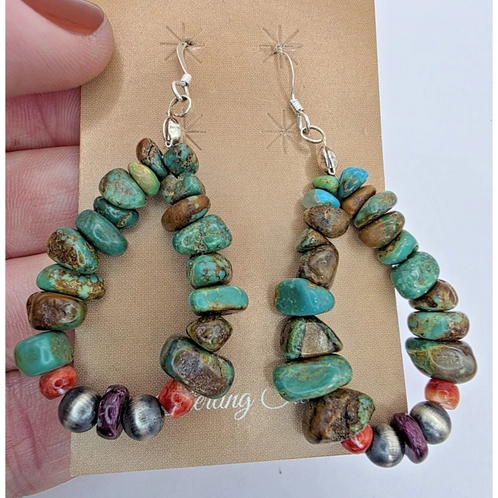 Turquoise‎ Nugget Dangle Earrings Red Coral Navajo Pearls 2